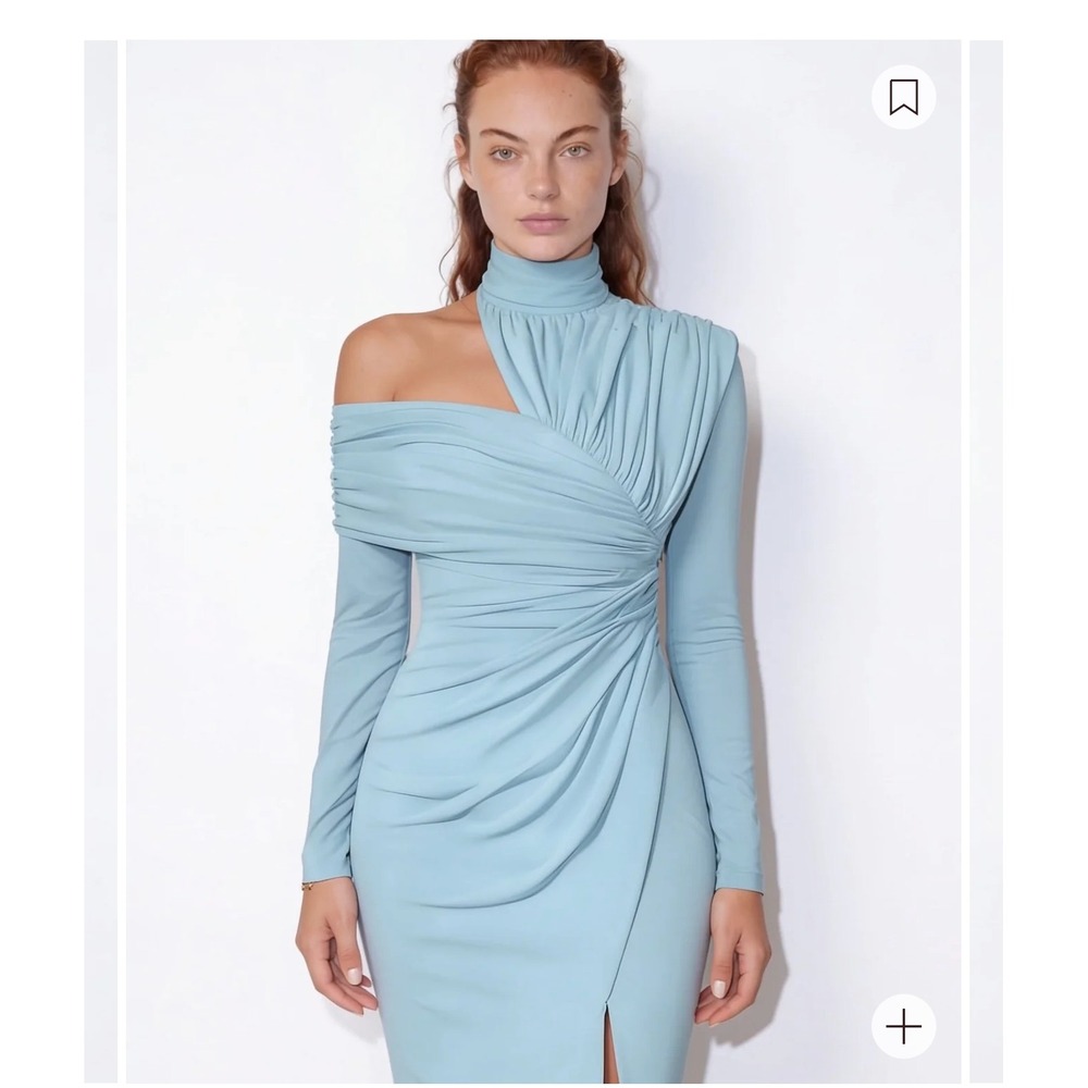 Light Blue Asymmetric Mock Neck Ruched Midi Dress Long Sleeve XL